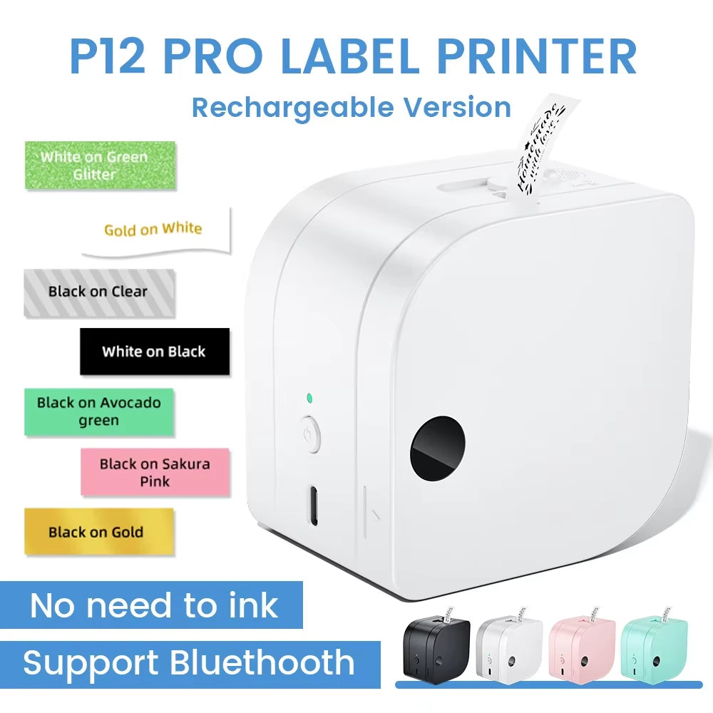 Label Printer P12 PRO Portable Label Maker 12Mm Rechargeable Bluetooth Inkless Printer Multiple Template for Office Home