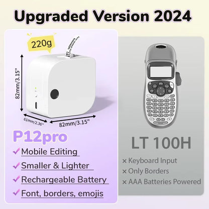 Label Printer P12 PRO Portable Label Maker 12Mm Rechargeable Bluetooth Inkless Printer Multiple Template for Office Home